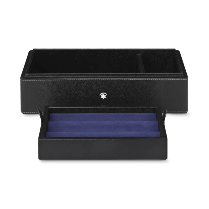 Caja de escritorio de piel para tres instrumentos de escritura y un tintero