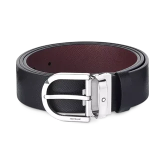 Cinturón de piel reversible con hebilla Horseshoe estampada en negro/mosto de 35 mm