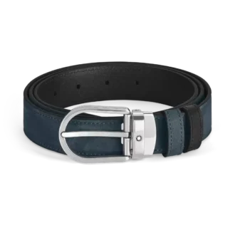 Cinturón reversible de cuero azul terciopelo/negro de 30 mm con hebilla en forma de herradura