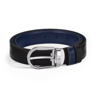 Cinturón reversible de piel con hebilla en forma de herradura negro/azul tinta de 30 mm