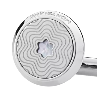 Gemelos redondos de acero inoxidable con diseño de estrella explosiva y emblema de copa de nieve de nácar.