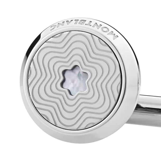 Gemelos redondos de acero inoxidable con diseño de estrella explosiva y emblema de copa de nieve de nácar. Gemelos redondos de acero inoxidable con diseño de estrella explosiva y emblema de copa de nieve de nácar.
