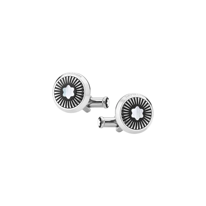Gemelos redondos de acero inoxidable con diseño de rayos y emblema de nieve de nácar. Gemelos redondos de acero inoxidable con diseño de rayos y emblema de nieve de nácar.