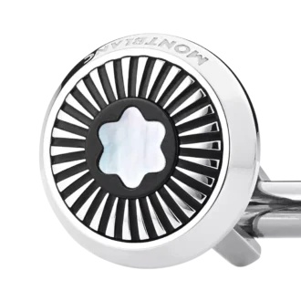 Gemelos redondos de acero inoxidable con diseño de rayos y emblema de nieve de nácar.