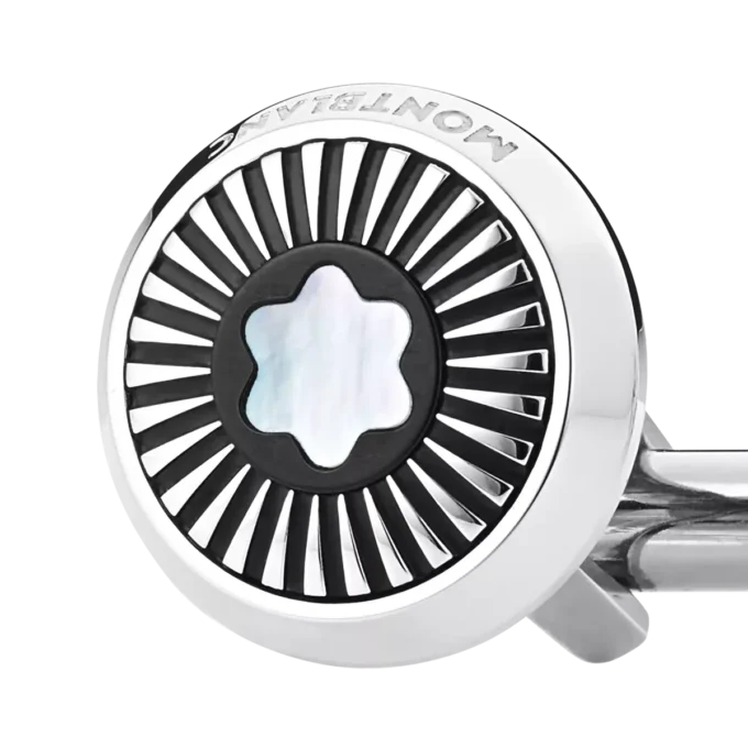 Gemelos redondos de acero inoxidable con diseño de rayos y emblema de nieve de nácar. Gemelos redondos de acero inoxidable con diseño de rayos y emblema de nieve de nácar.