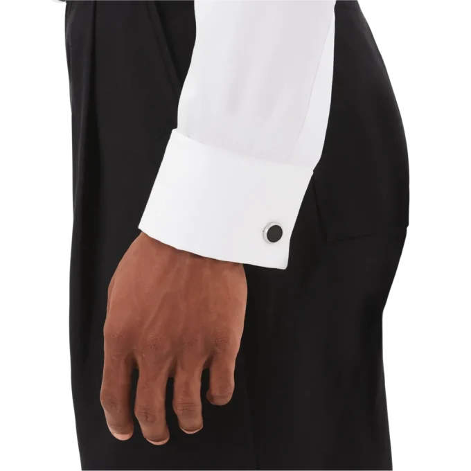 Gemelos redondos de acero inoxidable con incrustaciones con diseño de carbono.