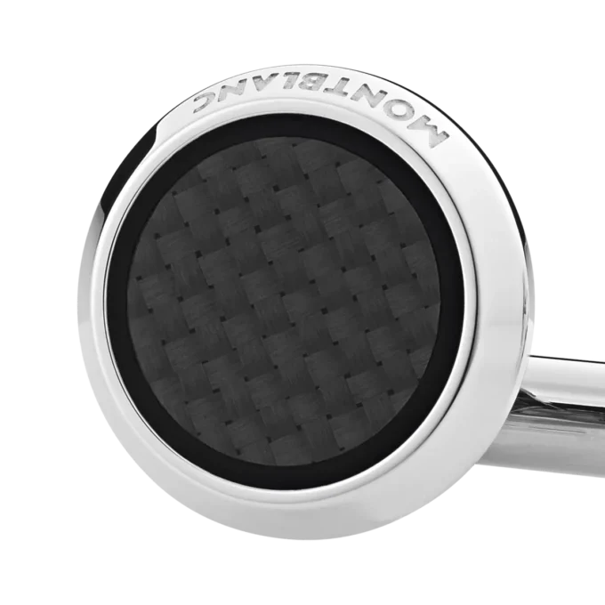 Gemelos redondos de acero inoxidable con incrustaciones con diseño de carbono.