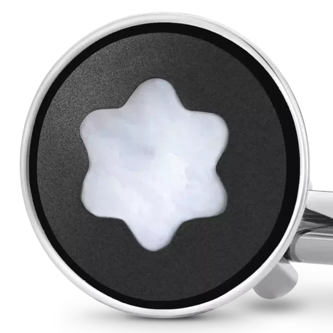 Gemelos redondos de acero inoxidable con incrustaciones de PVD negro y emblema de nieve de nácar. Gemelos redondos de acero inoxidable con incrustaciones de PVD negro y emblema de nieve de nácar.